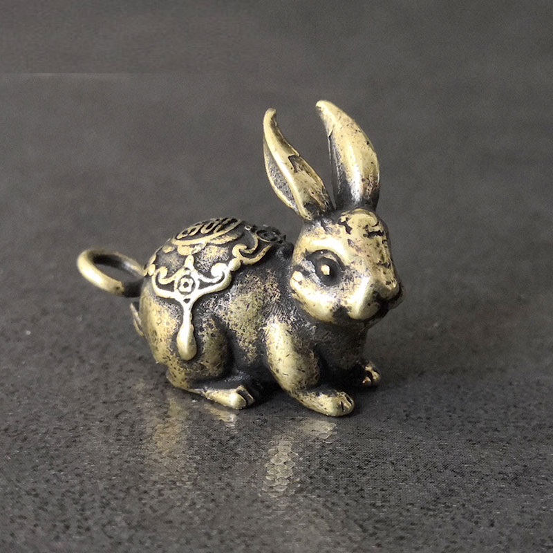 纯铜小兔子摆件实心黄铜兔钥匙扣小白兔手把件金属福兔工艺品挂件