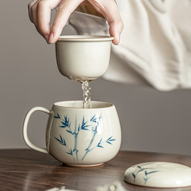 复古手绘竹女士办公室陶瓷水杯带盖茶杯子家用马克杯伴手礼咖啡杯