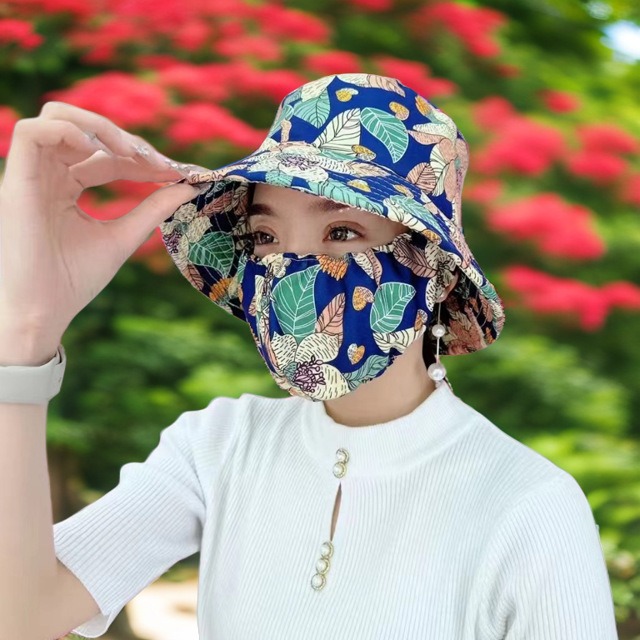 采茶防晒口罩一体帽子夏季女遮阳帽遮脸防紫外线骑行户外风刮不掉