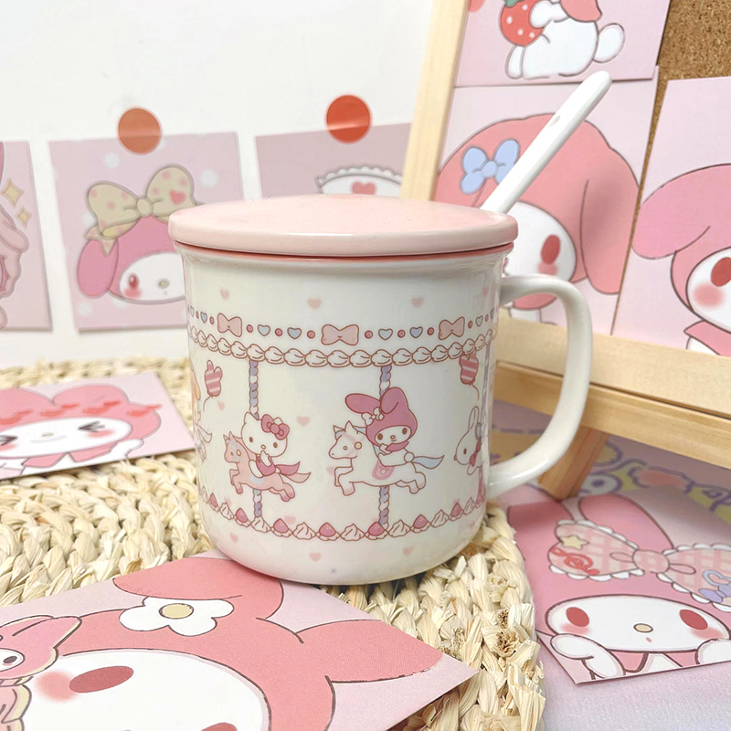 日式粉色少女心可爱卡通家用办公室水杯圣诞礼物带盖勺陶瓷马克杯