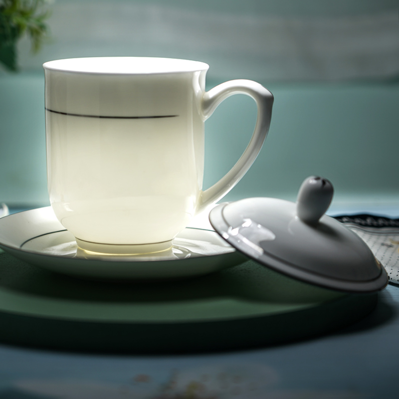 景德镇陶瓷带盖杯子家用商用骨瓷水杯办公室会议茶杯瓷器定制刻字