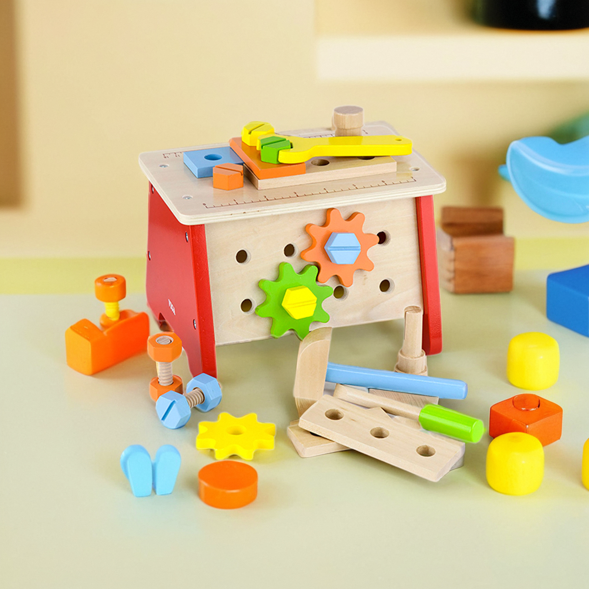 VIGA唯嘉台式工作台螺丝螺母玩具幼儿拆装组合早教拼装木制游戏箱