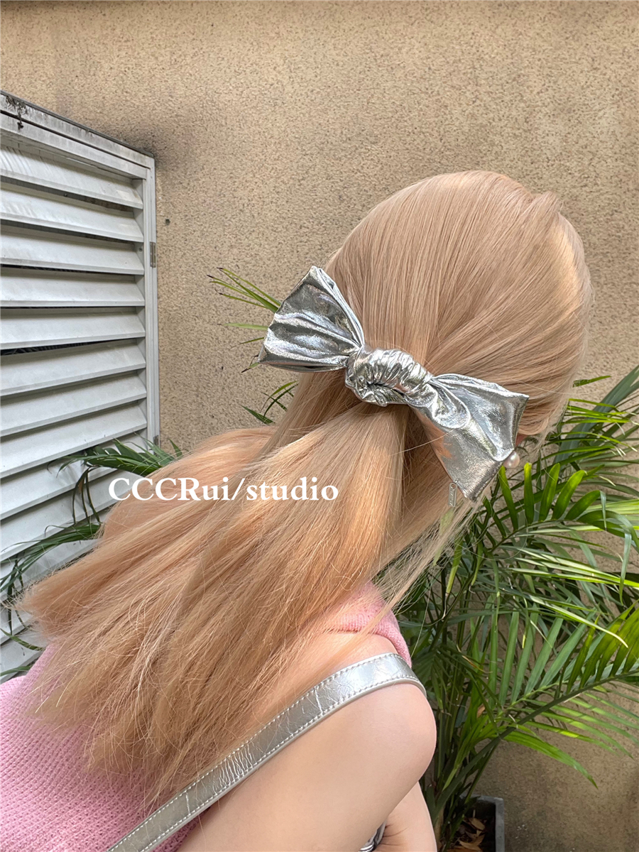 CCCRUI设计感silver银色发圈高级气质大肠圈皮质极简蝴蝶结弹簧夹