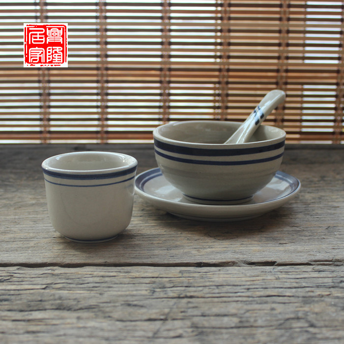 手工土碗粗陶碗陶土碗土陶碗粗瓷碗兰双线陶瓷面碗米饭碗茶杯小勺
