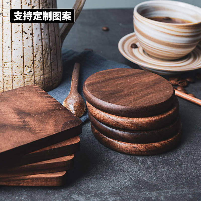 实木质手工咖啡杯垫定制logo软木杯垫隔热黑胡桃日式茶托茶具茶垫