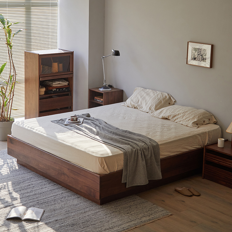 墅物北欧无靠背储物床黑胡桃木日式简约1.8米实木箱体床收纳床