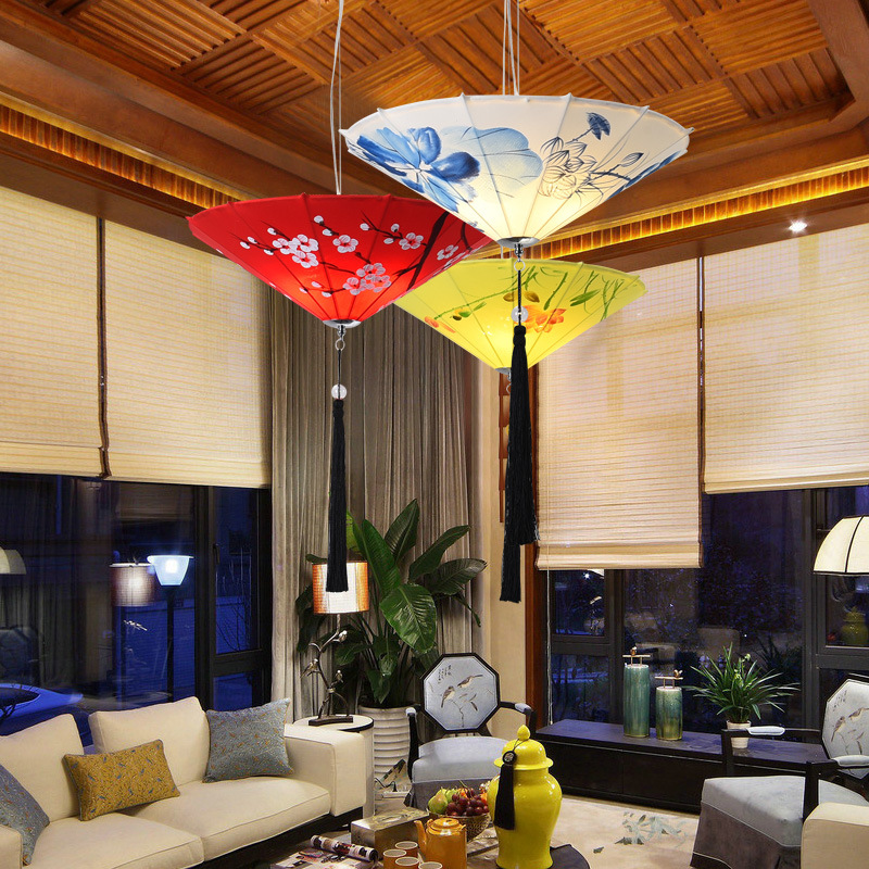 新中式吊灯简约现代仿古餐厅灯创意布艺灯罩火锅店中国风红色伞灯