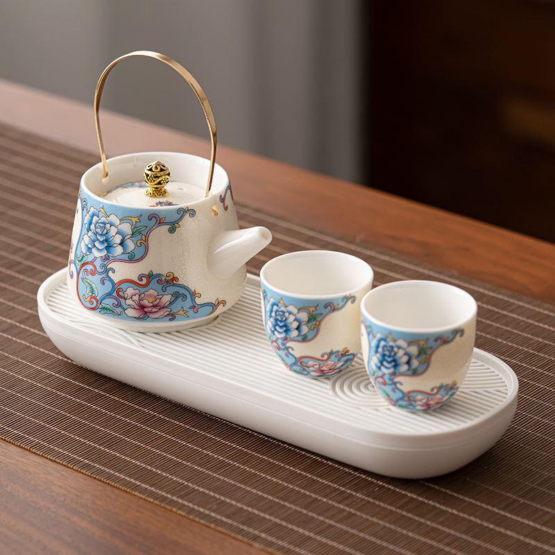 珐琅彩掐丝银家用茶具套装家用一壶二杯干泡茶盘小型陶瓷茶壶茶杯