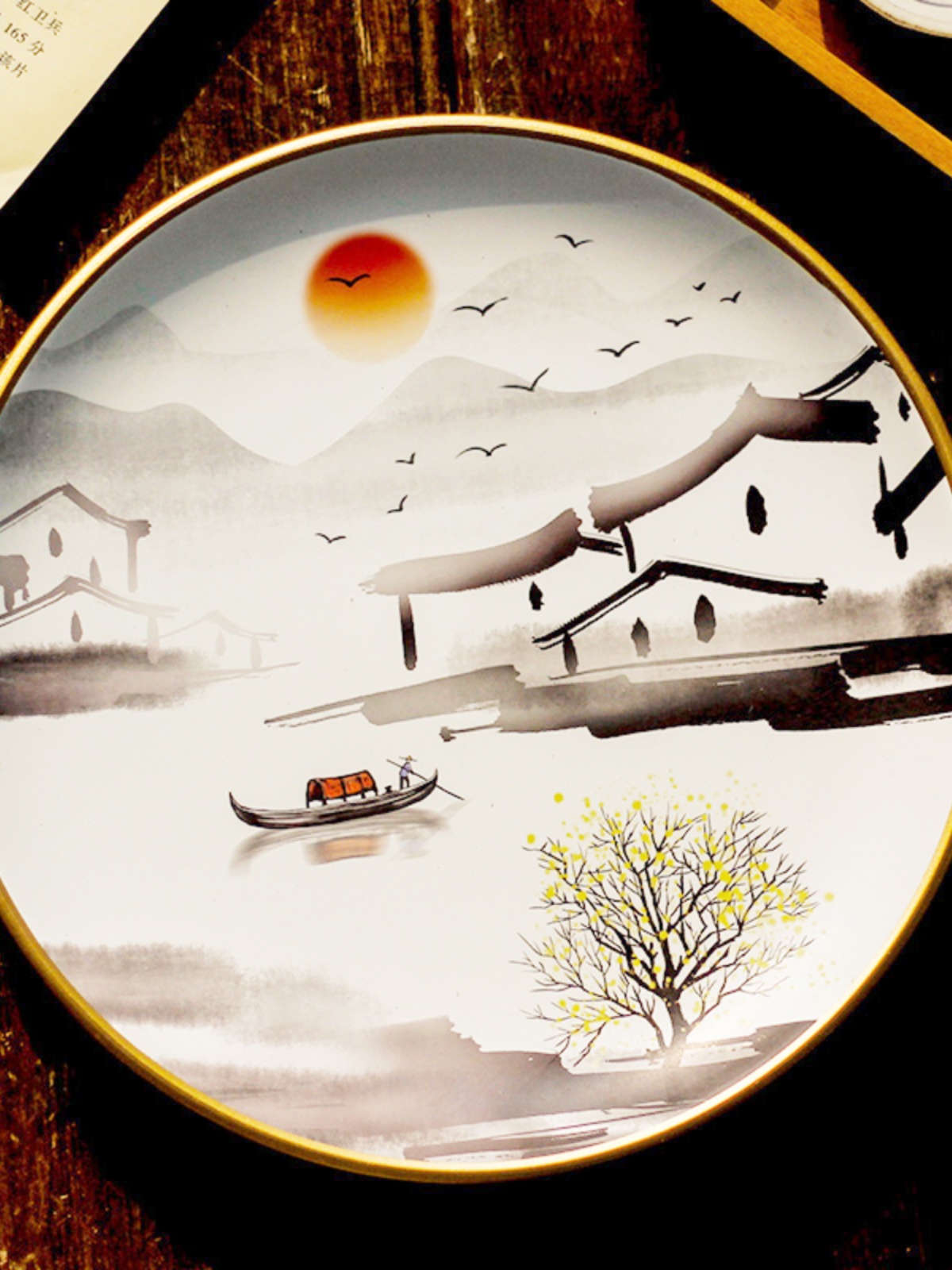 新中式装饰盘子书架摆件陶瓷摆盘客厅酒柜赏盘墙面挂盘水墨画瓷盘
