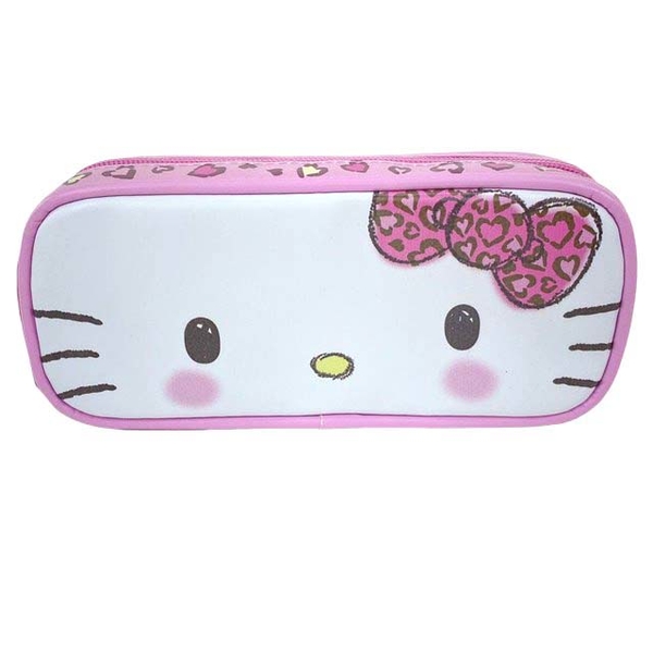 Hello Kitty 皮质方形拉鍊笔袋 粉豹纹款皮革笔袋化妆包