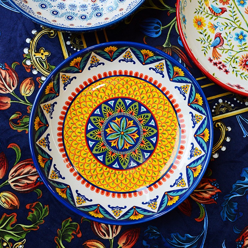 埃兰迪尔波西米亚风情深盘釉下彩陶瓷餐具小众设计个性沙拉盘菜盘