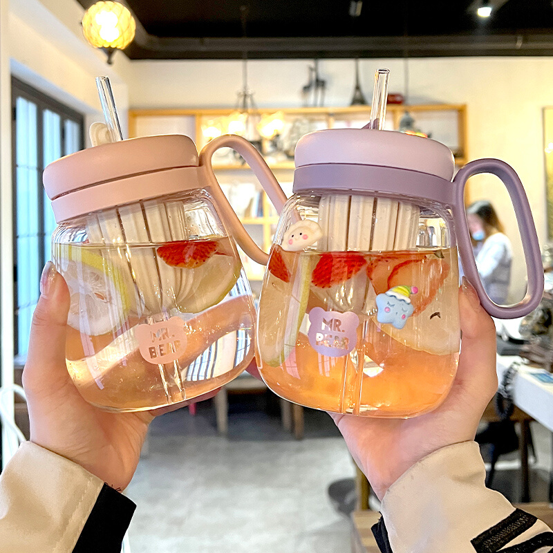 高颜值玻璃杯女茶水分离花茶泡茶杯学生吸管杯大容量水杯大肚杯子