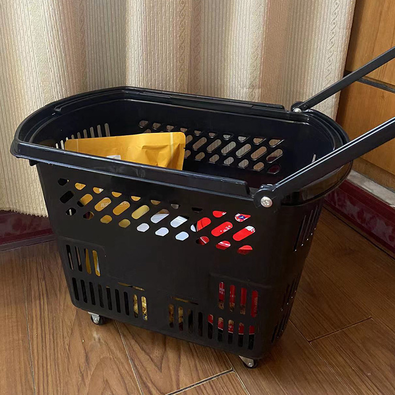 超市购物篮手提篮拉杆带轮塑料筐手拉式大号买菜车子便利店菜篮子