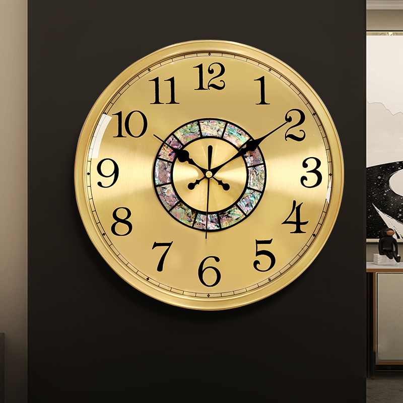 高档轻奢黄铜贝壳挂钟客厅家用时尚圆形大气静音时钟表简约现代