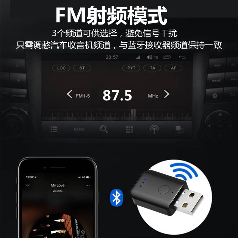 适用usb车载蓝牙接收器FM发射器立体声无线音频适配器5.1免提通话