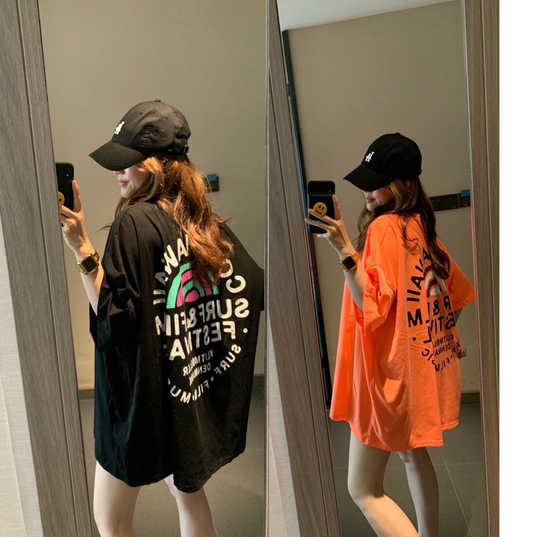现货韩国2024夏季新款Oversize盖臀大码宽松荧光橙粉色黑短袖T恤