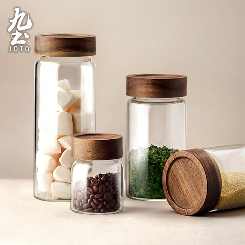 九土玻璃密封罐茶叶罐家用咖啡储豆罐实木盖零食储物罐厨房收纳罐
