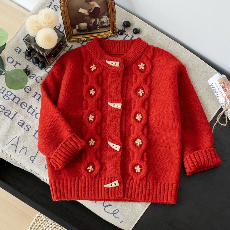 女童红色毛衣开衫2023新款秋冬宝宝洋气牛角扣针织衫儿童加厚外套