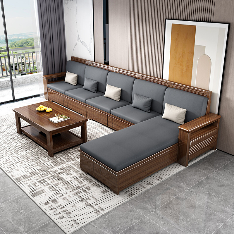 新品胡桃木实木j沙发全实木组合现代新中式客厅家具冬夏两用储物