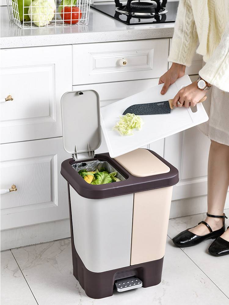 干湿分离垃圾桶家用厨房客厅垃圾箱双桶脚踏式带盖按压分类拉圾筒