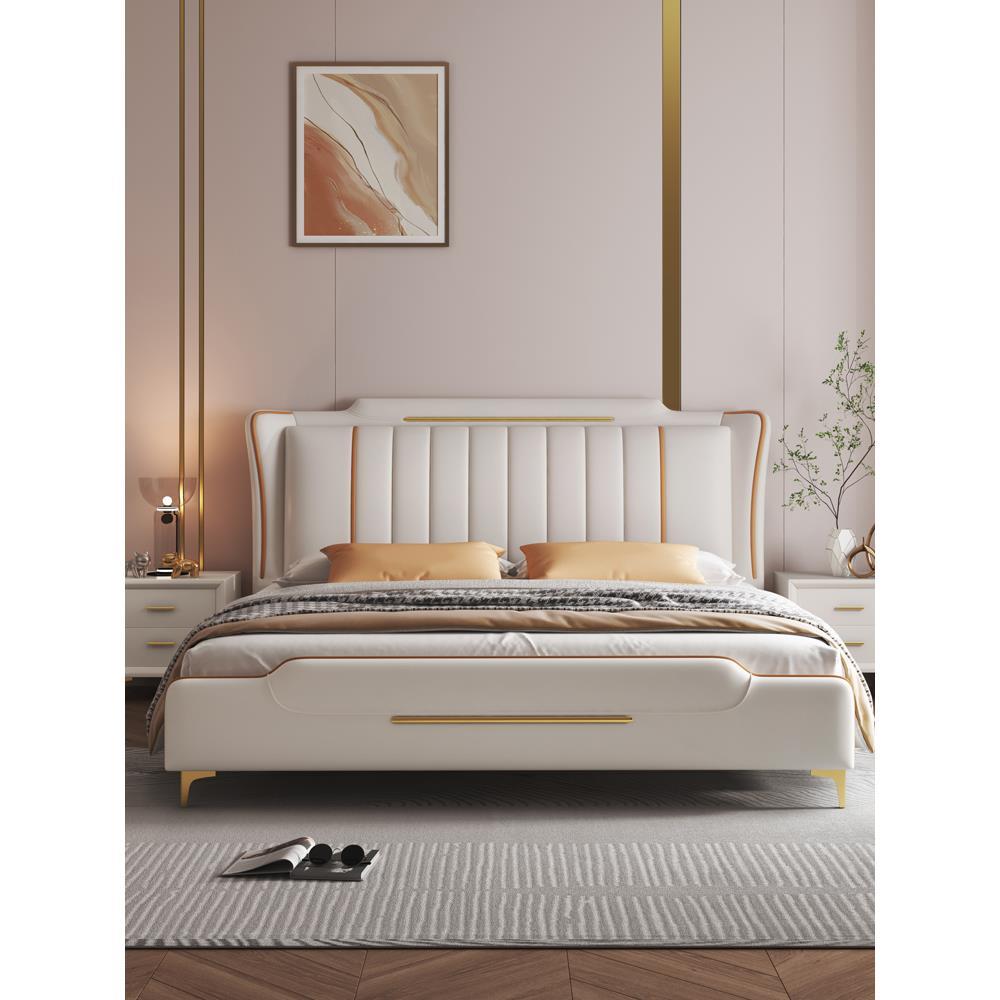 真皮轻奢风软包1.8米科技布床现代简约双人床实木1.5婚床主卧大床