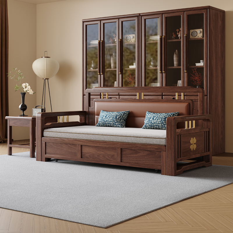 新中式折叠沙发床两用客厅直排全实木抽拉床小户型多功能伸缩沙发