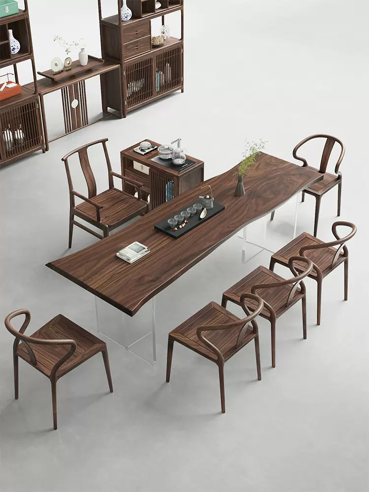 亚克力悬浮实木大板泡茶台原木工作台黑胡桃木办公室茶餐桌椅组合