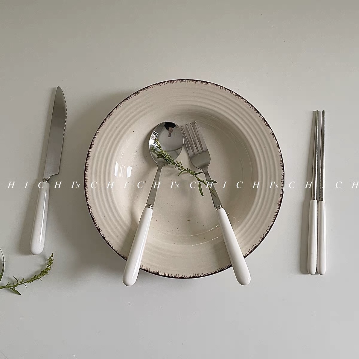 白色手柄纯色勺子 家用筷子水果叉汤勺不锈钢餐具咖啡勺便携餐具
