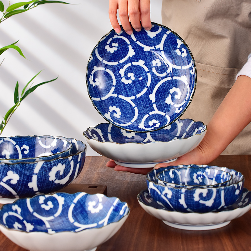 吾山窑美浓烧日本进口唐草菊形日式陶瓷家用寿司意面平盘餐具碗碟