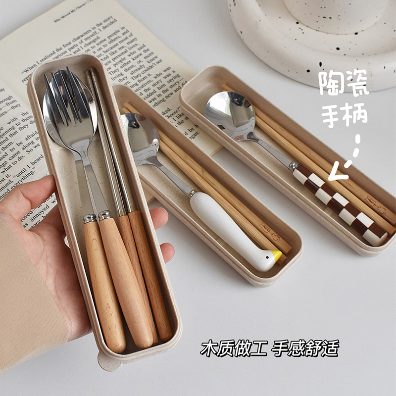 ins风棋盘格筷子勺子套装不锈钢餐具学生便携一人用单人装收纳盒