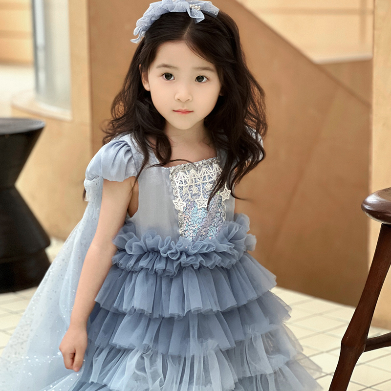 2024夏季新款洋气海蓝之心公主裙儿童蛋糕裙艾沙女孩生日六一礼服
