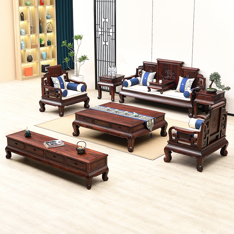 国标红木家具客厅全套印尼黑酸枝红木沙发中式全实木卷书沙发组合