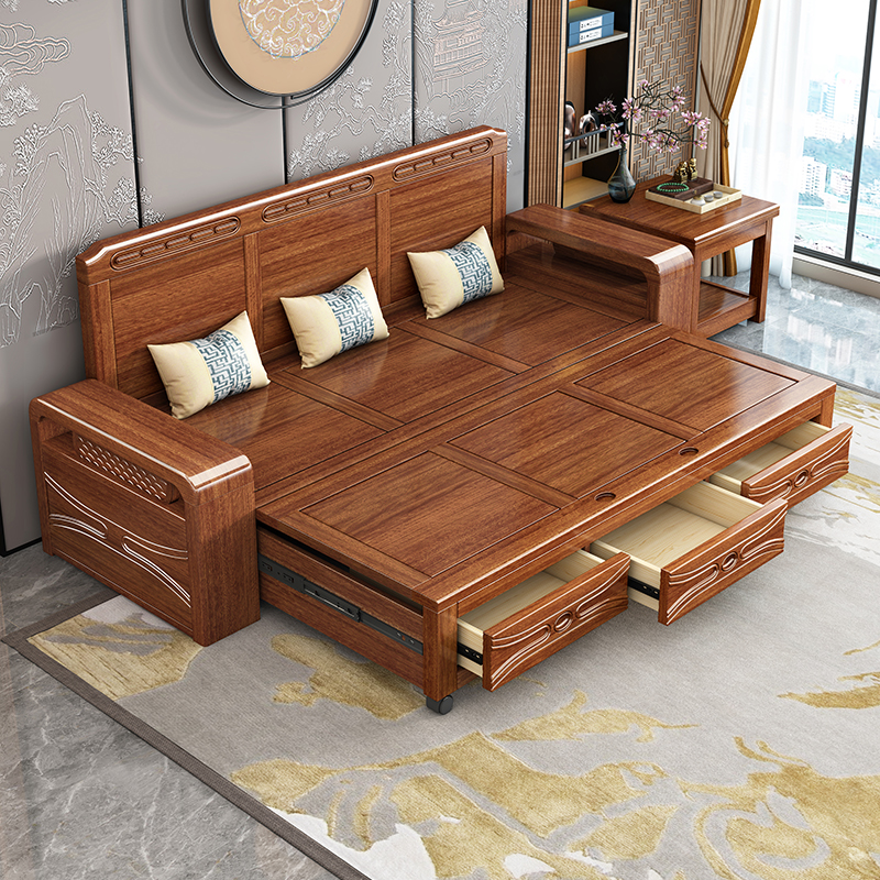 全实木沙发床两用多功能坐卧一体客厅小户型抽拉床储物沙发胡桃木