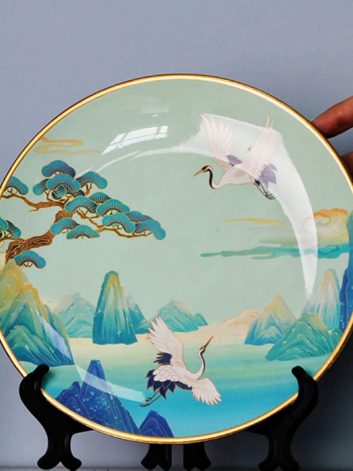 中式装饰陶瓷摆盘博古架书架装饰盘子中国风新中式彩绘挂盘墙饰