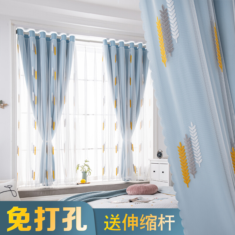 窗帘遮光2022新款免打孔安装送杆一整套卧室简易小窗户遮阳隔音布