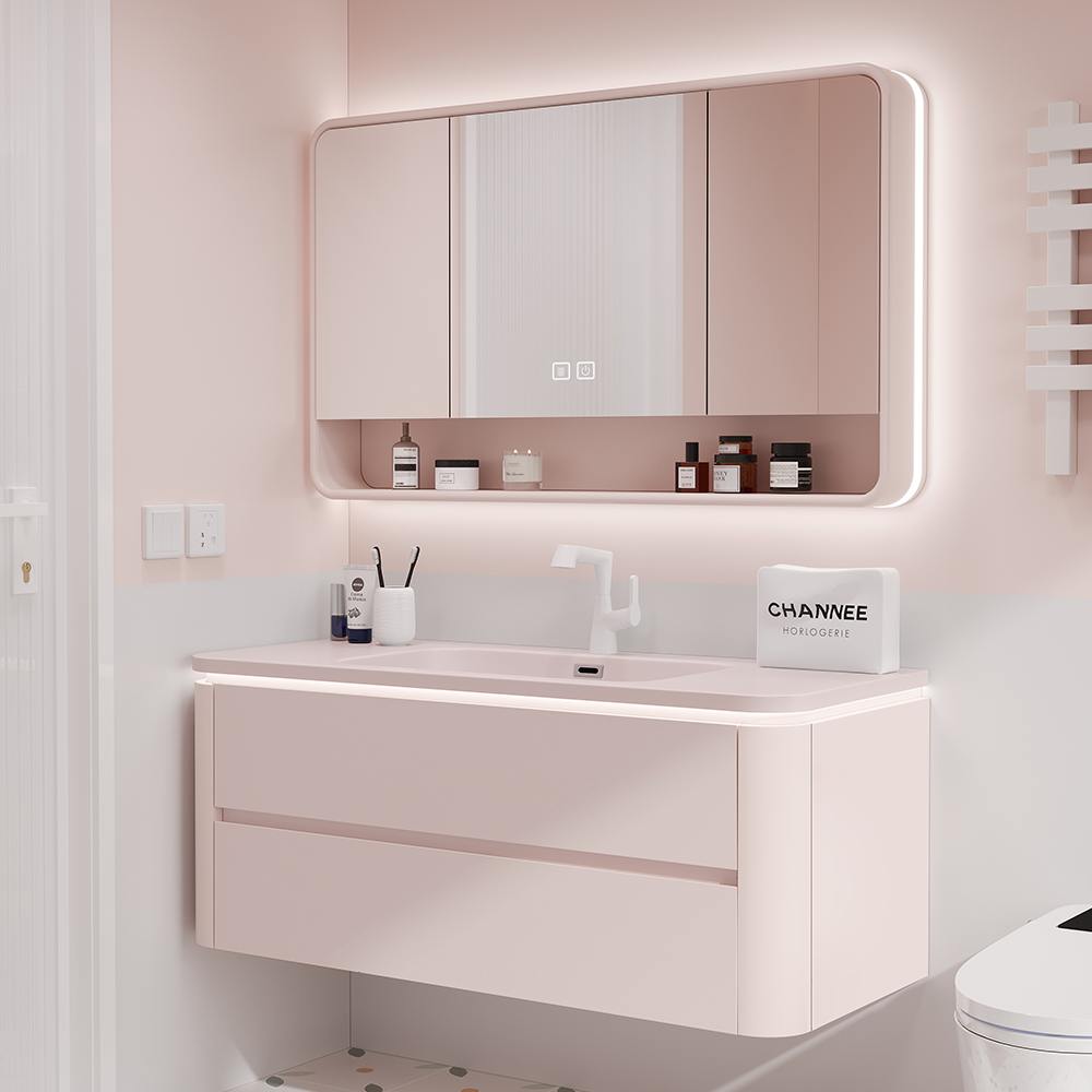 定制轻奢粉色浴室柜新款圆角一体盆陶瓷洗漱台卫生间洗手盆柜组合