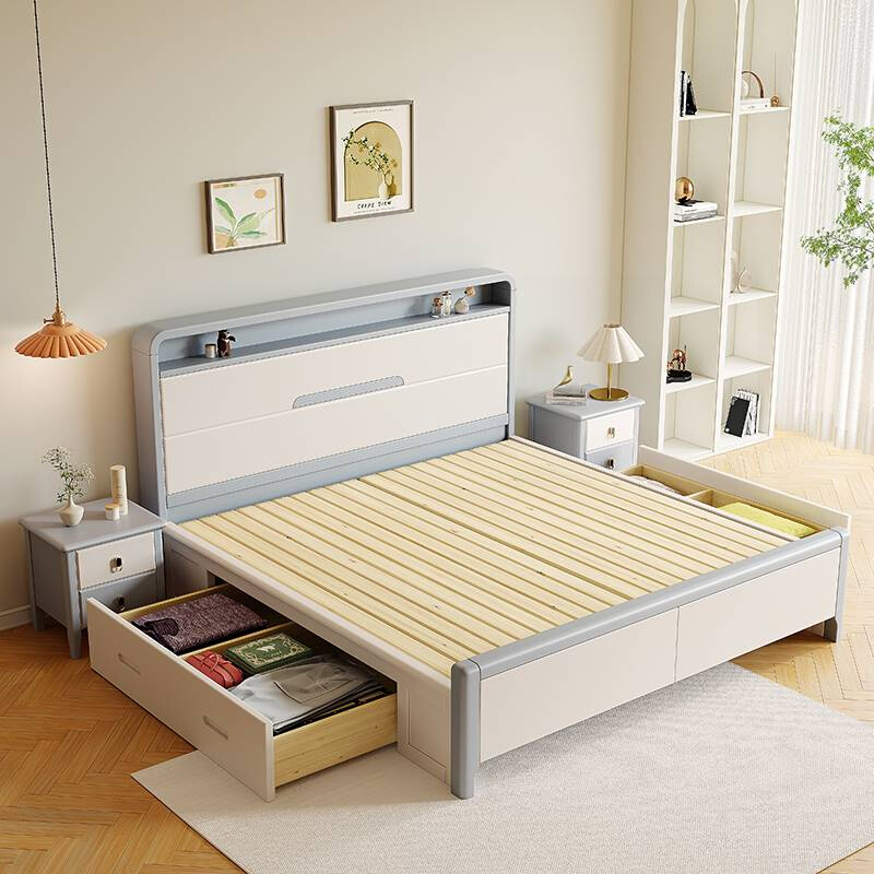 现代简约白色实木床1.2m1.8米小户型出租房齐边儿童床储物箱体床