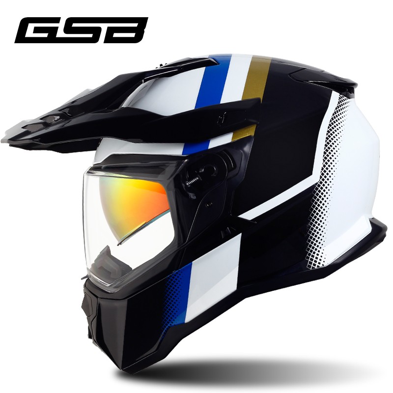 新品gsb摩托车拉力盔越野盔双镜片防雾全盔头盔头灰冬季透气男安
