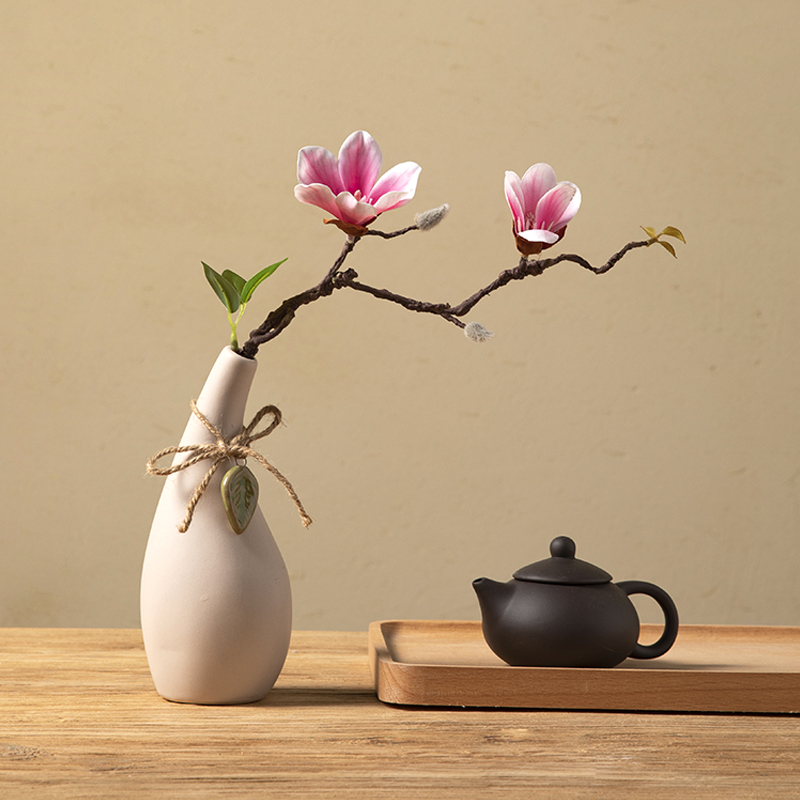 日式禅意陶瓷花瓶错色插花仿真腊梅樱花茶艺餐桌整体玉兰花艺摆件