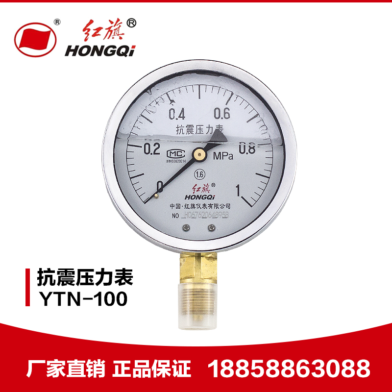 厂家直销 红旗仪表 耐震防震抗震压力表YTN-100 0-1MPa充油压力表
