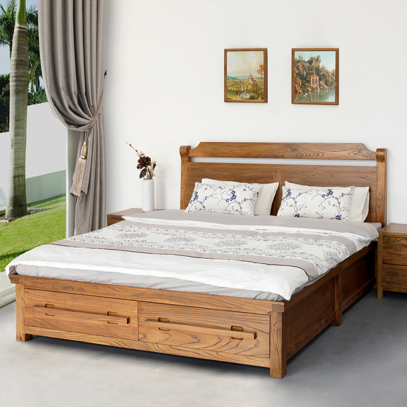 新中式榆木床厚重款时尚家具田园带抽屉储物箱体 1.8米实木双人床