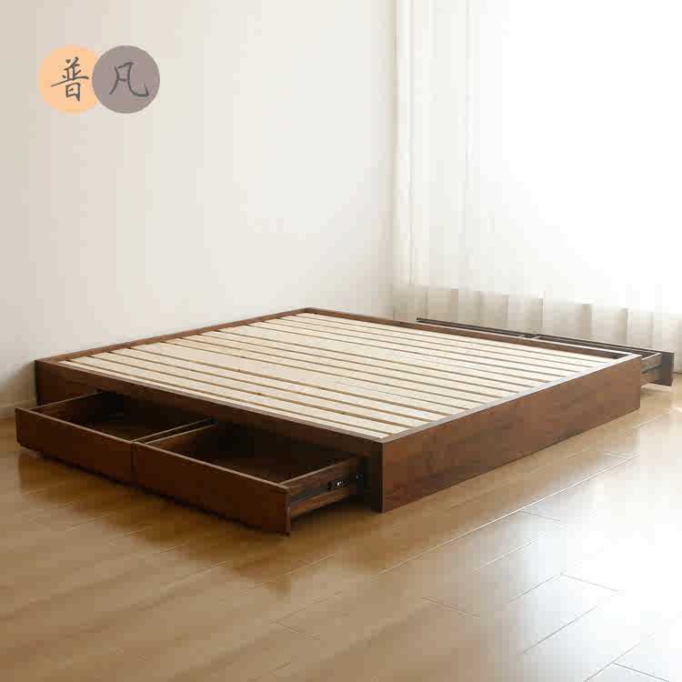 北美黑胡桃实木床日式无床头矮床橡木榻榻米抽屉地台箱体床可定制