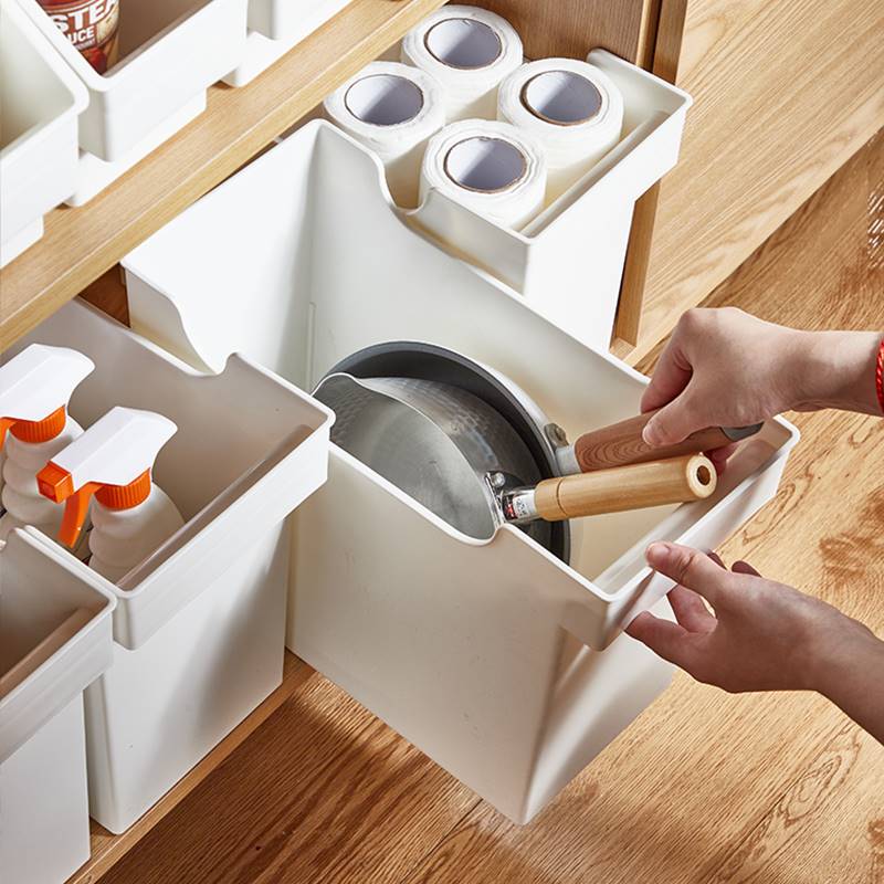 厨房大容量橱柜斜面收纳盒带滑轮厨具碗筷储物盒杂物整理盒收纳箱