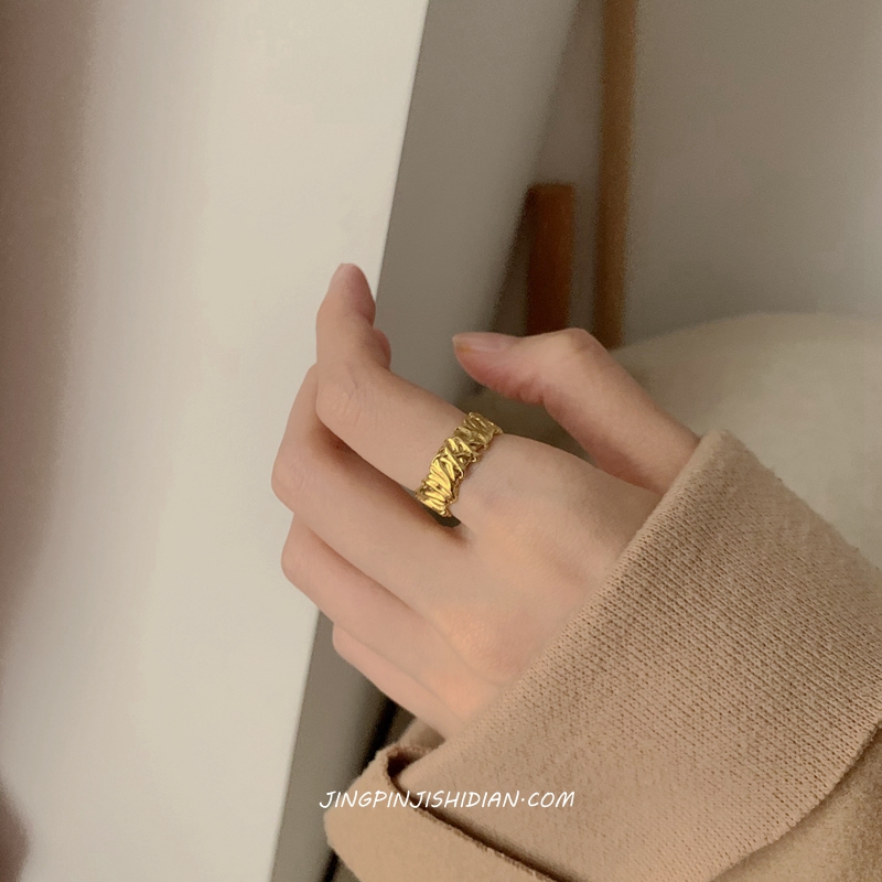晶品 纯黄铜高保色时髦INS小众褶皱设计锡纸金色戒指女闺蜜款一对