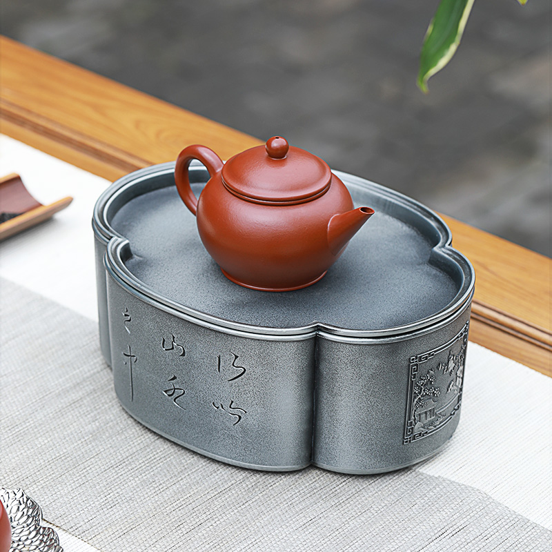紫砂壶承壶托复古中式储水式茶盘海棠干泡台茶盘茶道茶奉储物茶具