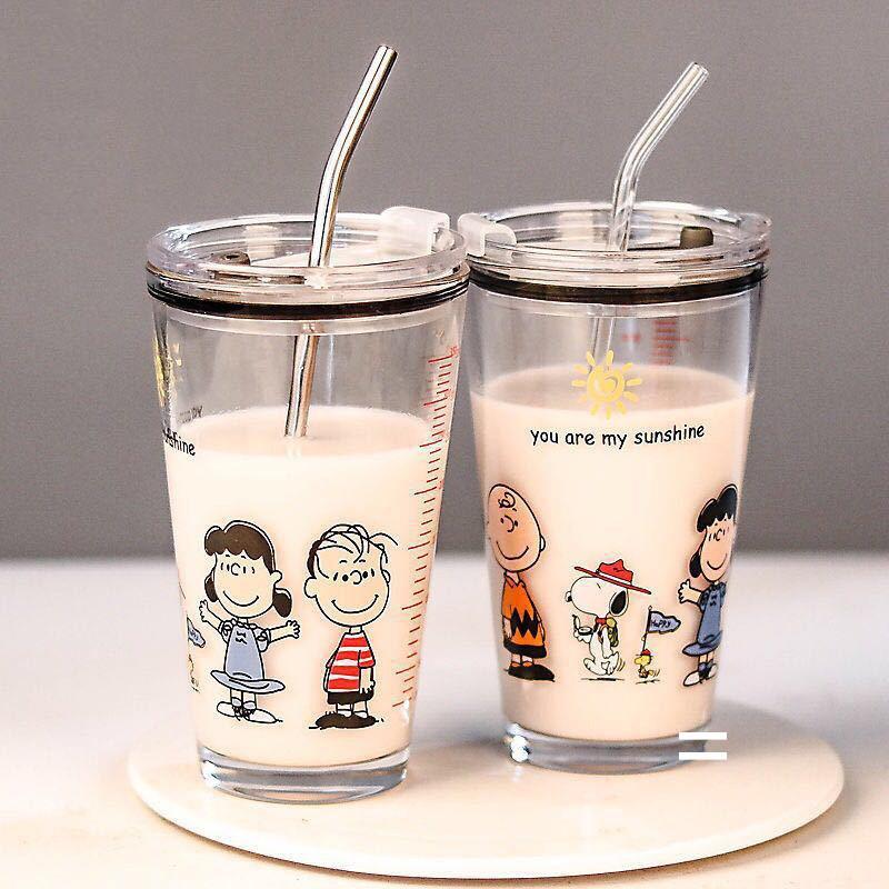 韩式创意水杯 刻度带盖吸管果汁牛奶杯 学生印花家用加厚玻璃杯