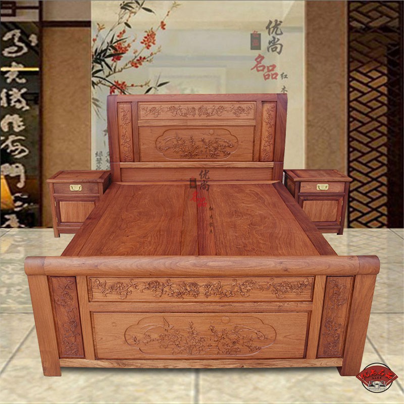 缅甸花梨木中式1.5米单人床红木高箱储物实木床1.8双人床 箱体床