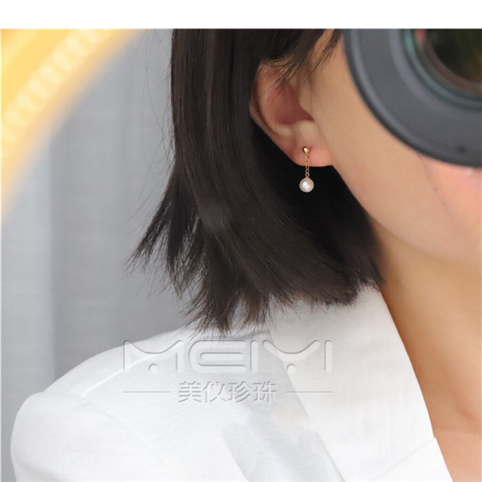 美仪珍珠正品5-6mm圆形白色系天然珍珠耳钉美国进口14K注金耳环