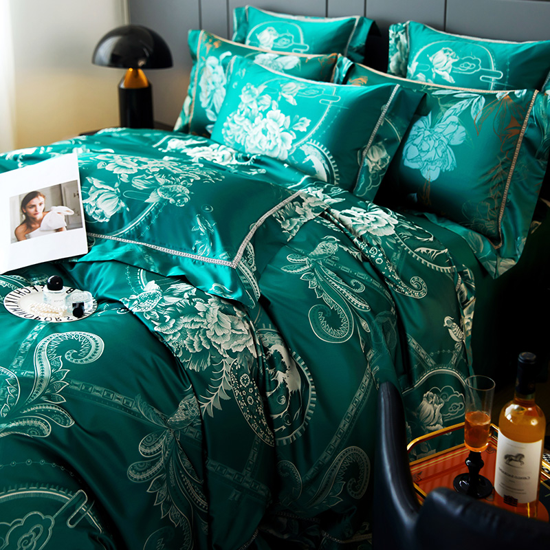 高端锦缎提花床上用品四件套奢华新中式绿色高级感被套床单六件套