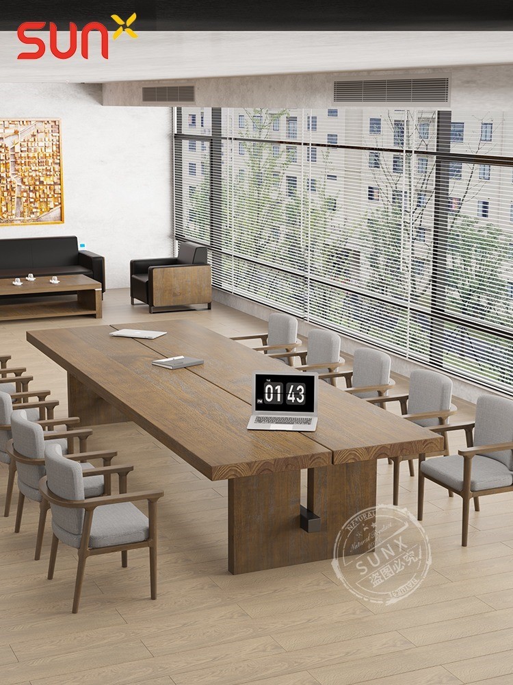 美式实木会议桌长条桌简约大板办公桌椅组合条形洽谈长桌子工作台